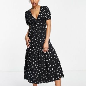 ASOS midi wrap dress with puff sleeve in mono ditsy print